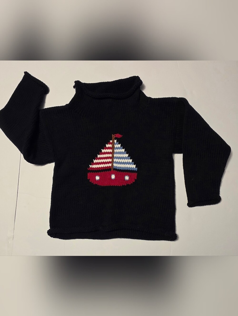 Kids Navy Knit Sweater with Red Sailboat Motif Size 2T - Picture 2 of 10
